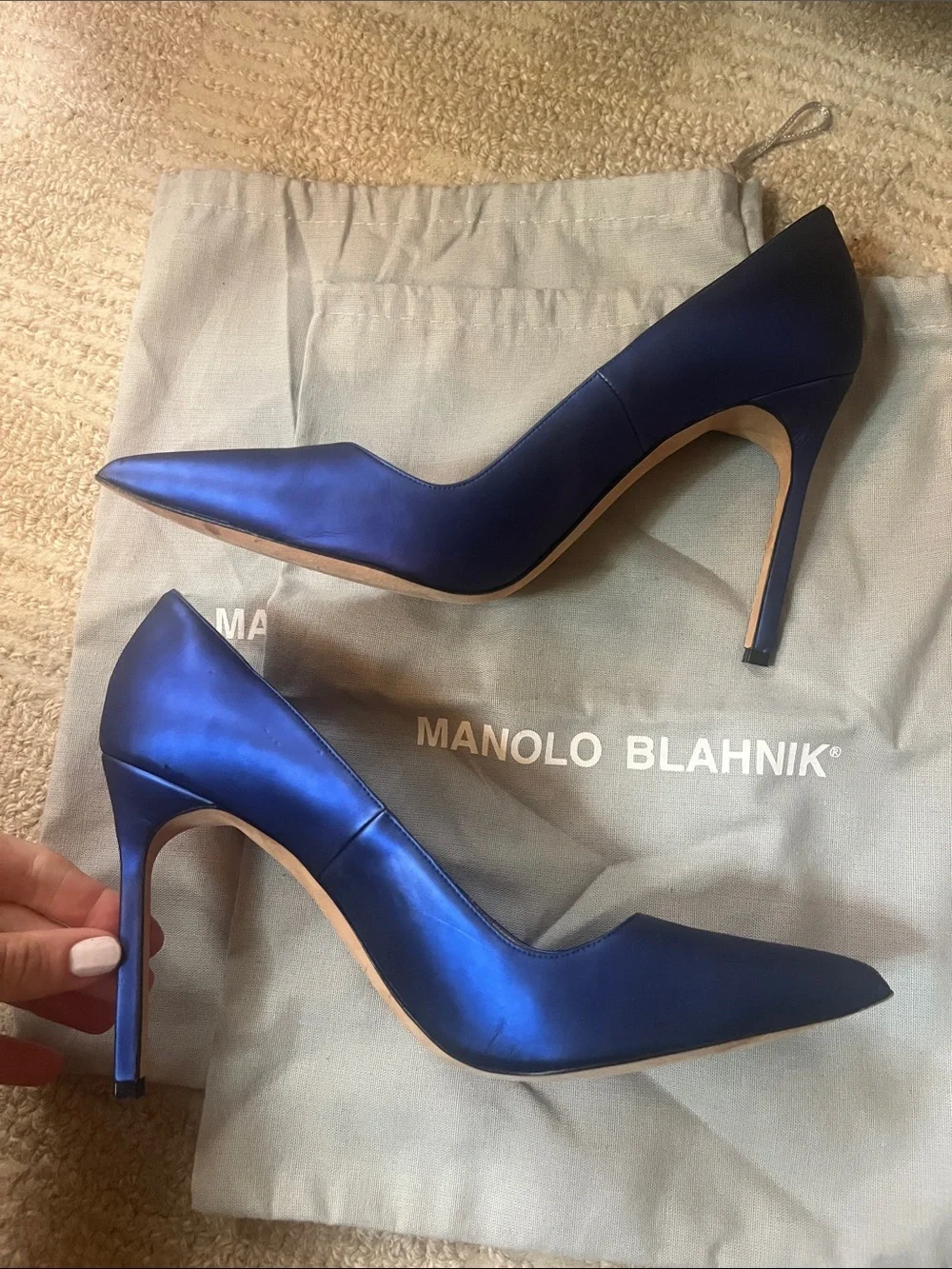 Manolo Blahnik Navy Satin Pointed-Toe Pumps